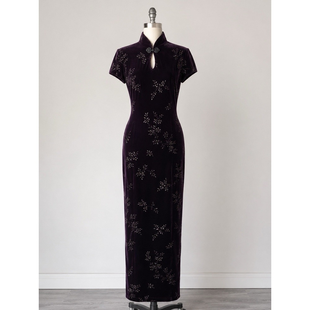 Vintage David Warren Plum Velvet Qipao Cheongsam Dress Size 8 Maxi